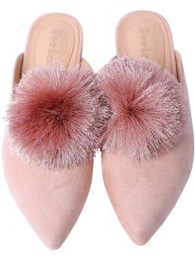🆕 Women's Pink Suede Faux Fur Pom Pom Mules Pointed Toe Comfort Slip On Shoes